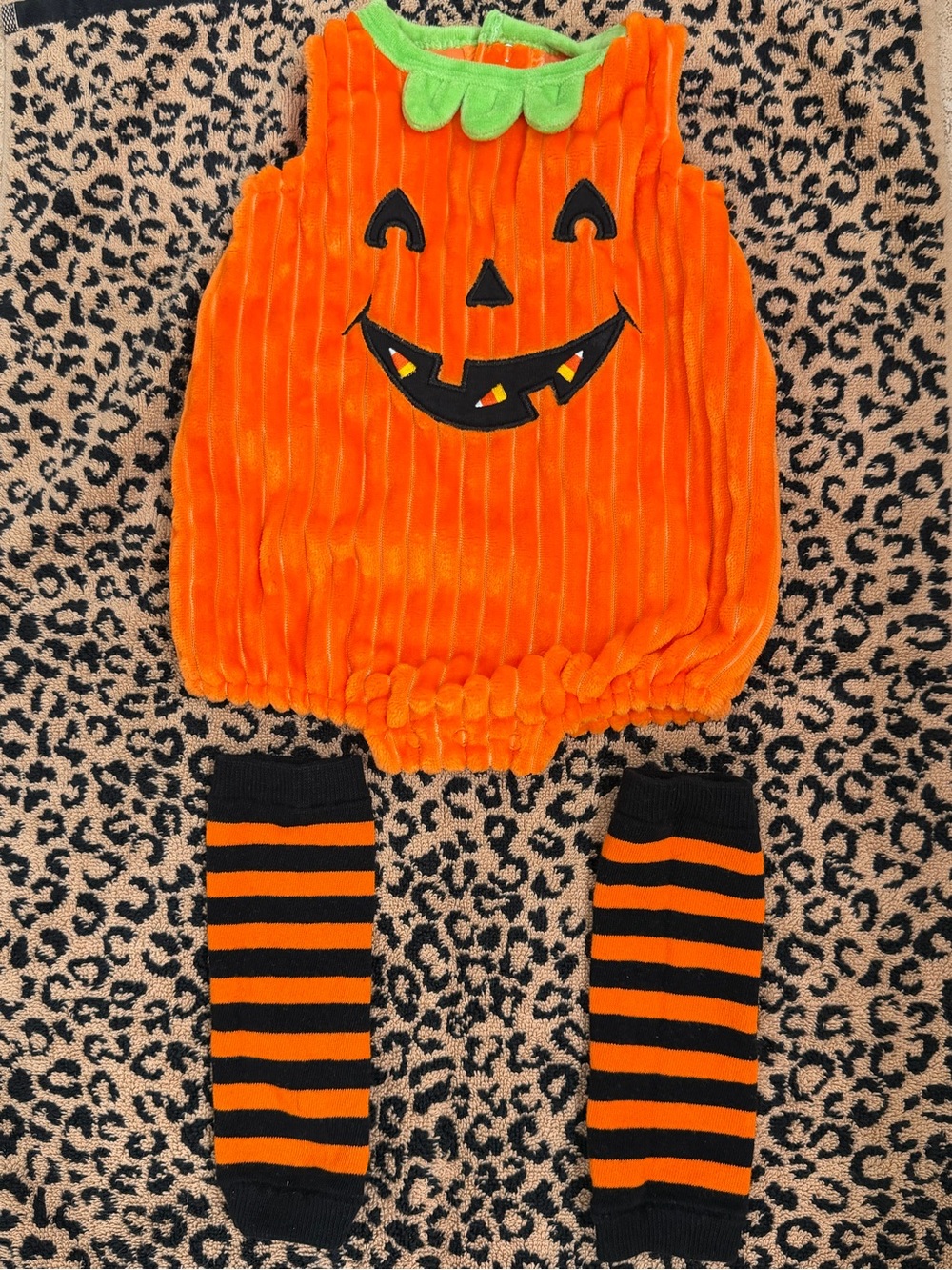 Orange Pumpkin Baby Costume Romper with Black Stripe Leg Warmers